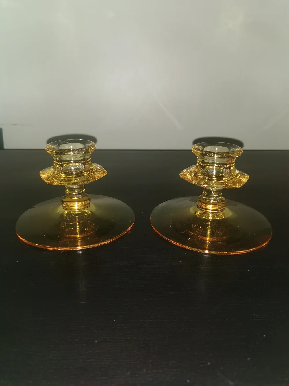 Pair Of Fostoria Fairfax Yellow Depression Glass Candlestick Holders 3.25